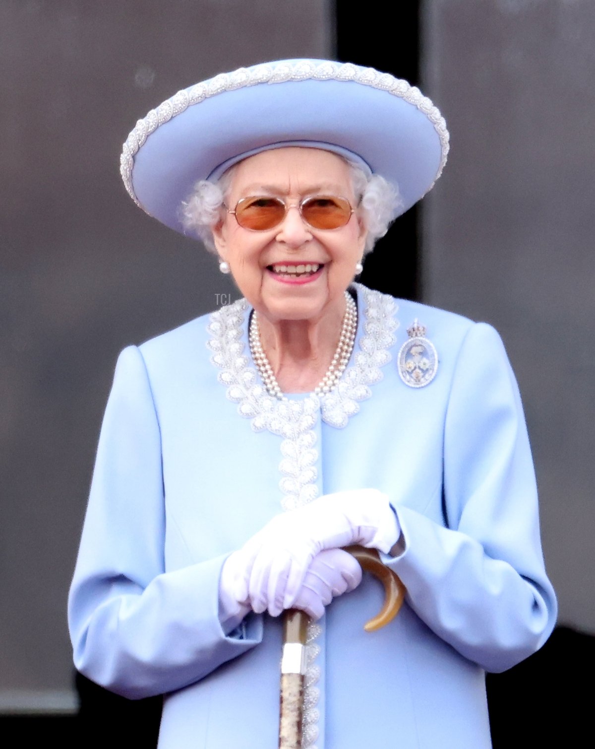 Queen Elizabeth II smiles on the balcony during Trooping The Colour on June 02, 2022 in London, England