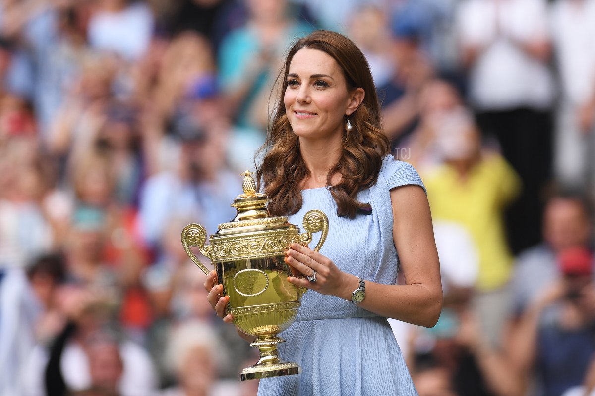 Britain's Catherine, Duchess of Cambridge holds the winner's trophy after the men's singles final on day thirteen of the 2019 Wimbledon Championships at The All England Lawn Tennis Club in Wimbledon, southwest London, on July 14, 2019