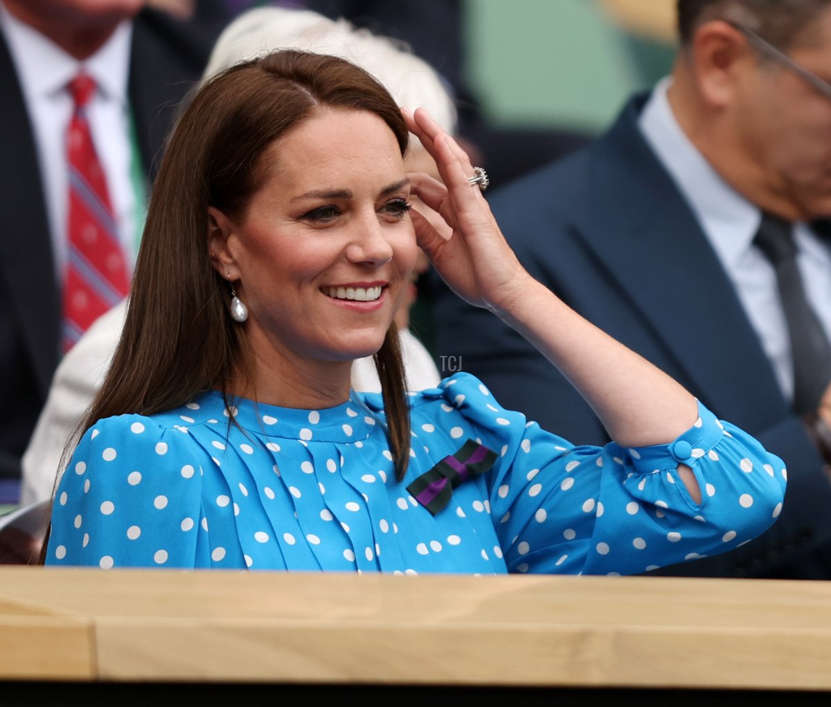 Catherine, Duchess of Cambridge and Prince William, Duke of Cambridge are seen in the Royal Box before Novak Djokovic of Serbia plays a forehand against Jannik Sinner of Italy during their Men's Singles Quarter Final match on day nine of The Championships Wimbledon 2022 at All England Lawn Tennis and Croquet Club on July 05, 2022 in London, England
