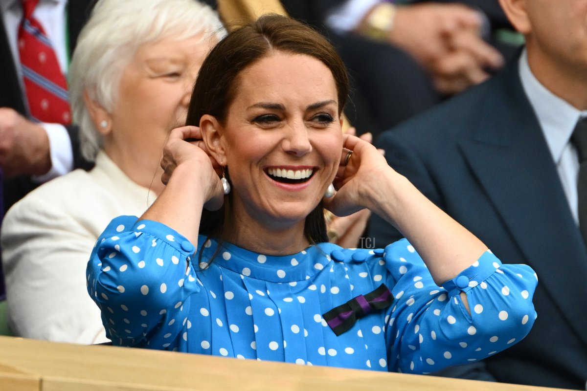 Britain's Catherine, Duchess of Cambridge reacts as she sits in the Royal Box at the Centre court prior to the start of the men's singles quarter final tennis match between Serbia's Novak Djokovic and Italy's Jannik Sinner on the ninth day of the 2022 Wimbledon Championships at The All England Tennis Club in Wimbledon, southwest London, on July 5, 2022