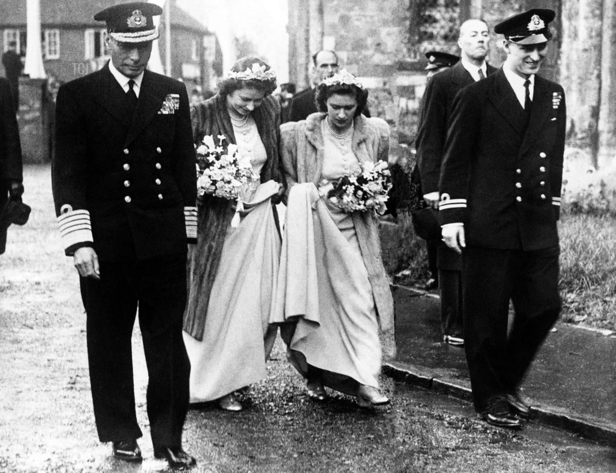 From left, King George VI, Princesses Margaret and Elizabeth II, Prince Philip of Greece arrive to attend the wedding of Lady Patricia Mountbatten in London on October 1946