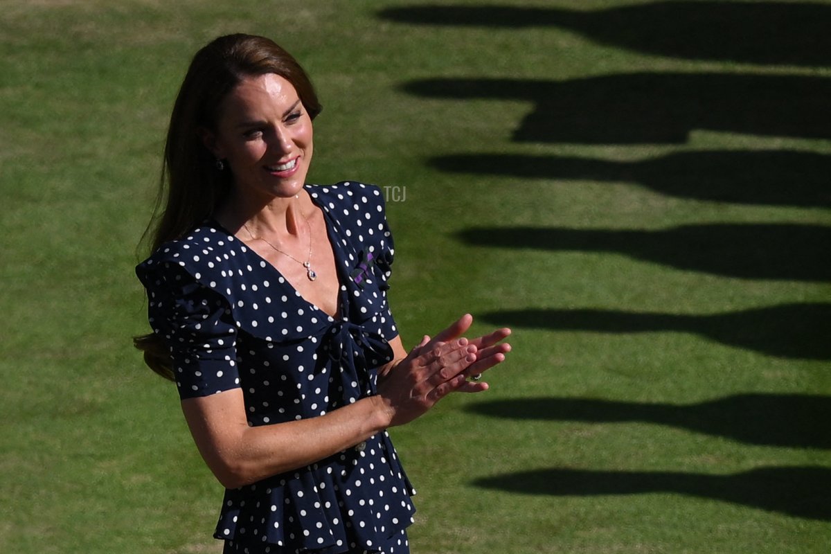 Britain's Catherine, Duchess of Cambridge, applauds during the trophy ceremony of the men's singles final tennis match between Serbia's Novak Djokovic and Australia's Nick Kyrgios on the fourteenth day of the 2022 Wimbledon Championships at The All England Tennis Club in Wimbledon, southwest London, on July 10, 2022