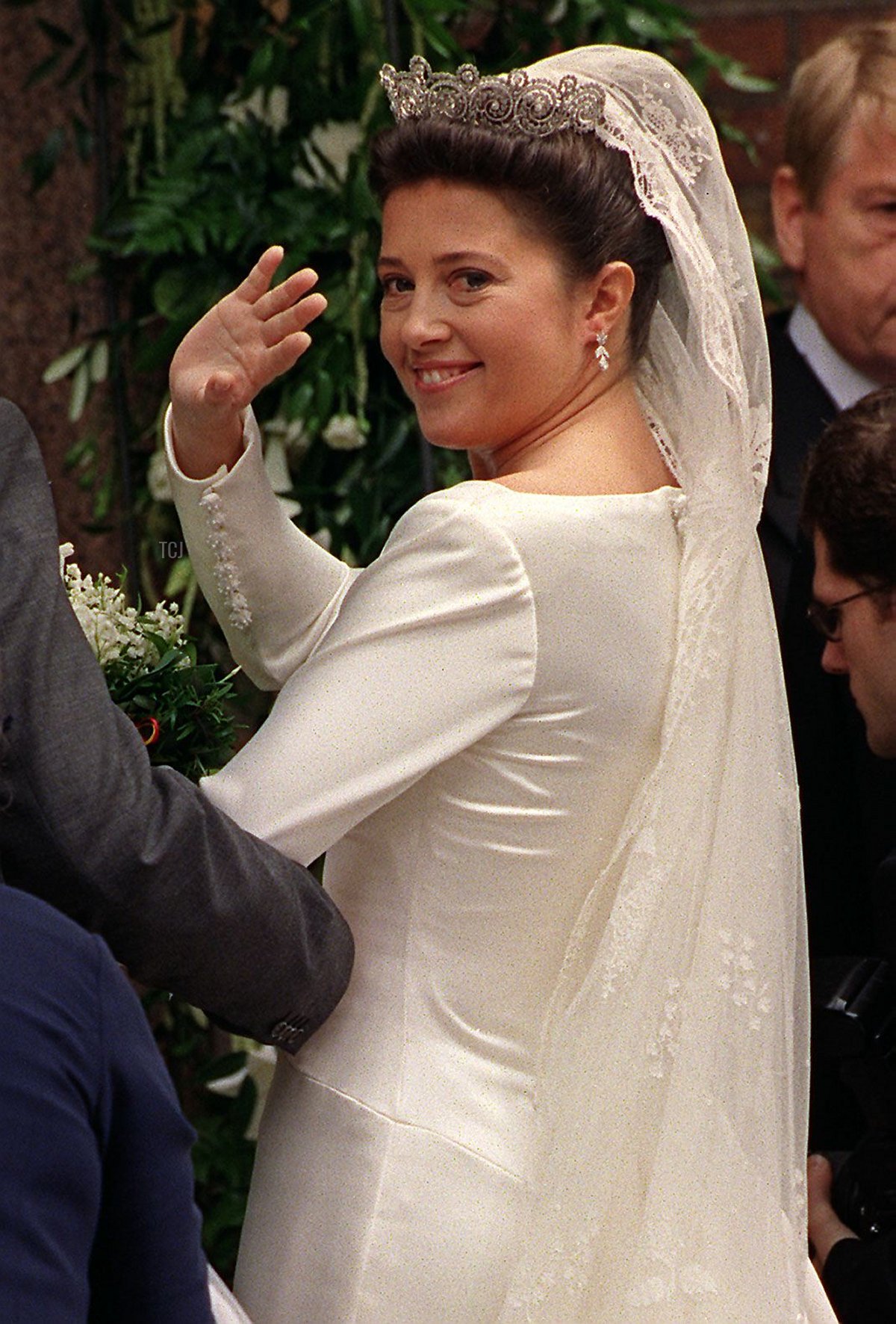 Princess Alexia, daughter of the exiled King Constantine and Queen Anne-Marie of Greece, waves on arrival to the Greek Orthodox Cathedral of St. Sophia, Central London, 9th July 1999, for her wedding to Carlos Morales Quintana of Spain