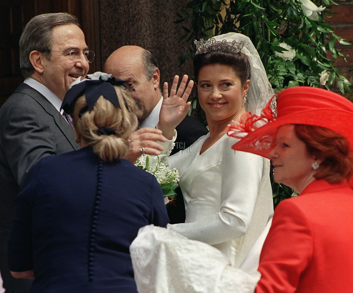 Princess Alexia, daughter of the exiled King Constantine and Queen Anne-Marie of Greece, waves on arrival to the Greek Orthodox Cathedral of St. Sophia, Central London, 9th July 1999, for her wedding to Carlos Morales Quintana of Spain