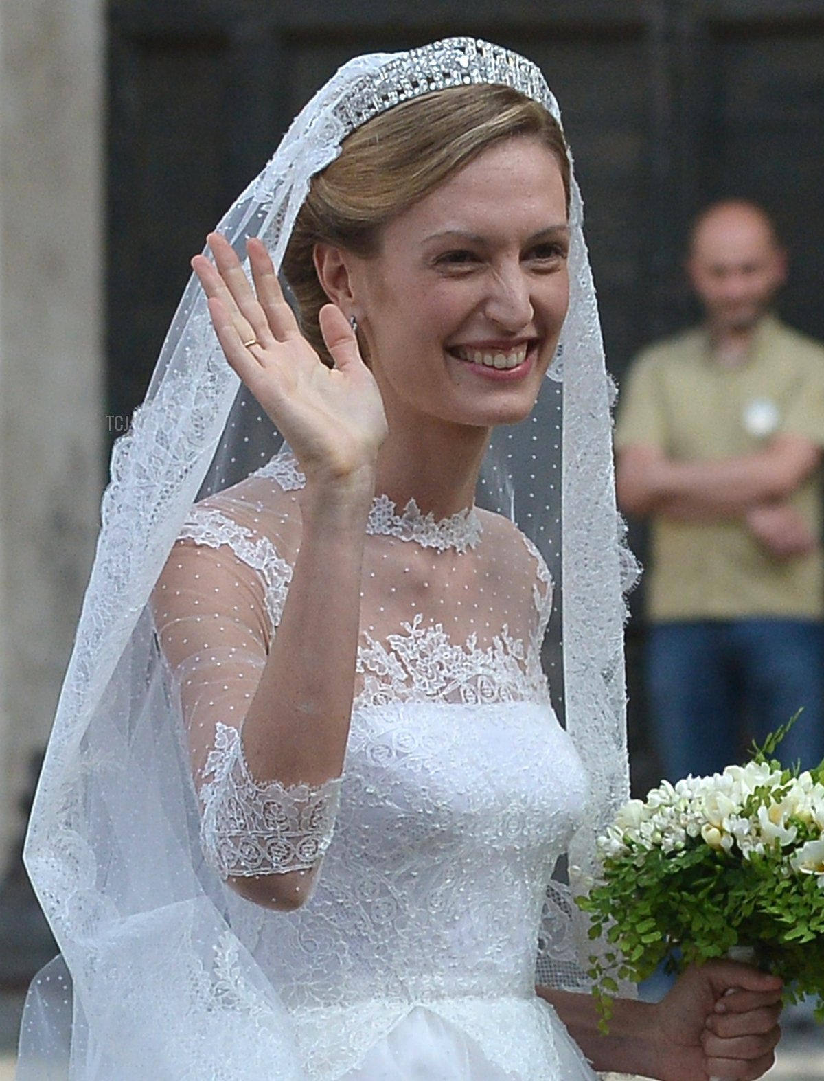 Elisabetta Rosboch von Wolkenstein (also known as Lili Rosboch) arrives at the basilica Santa Maria in Trastevere for her wedding with Prince Amedeo of Belgium on July 5, 2014 in Rome
