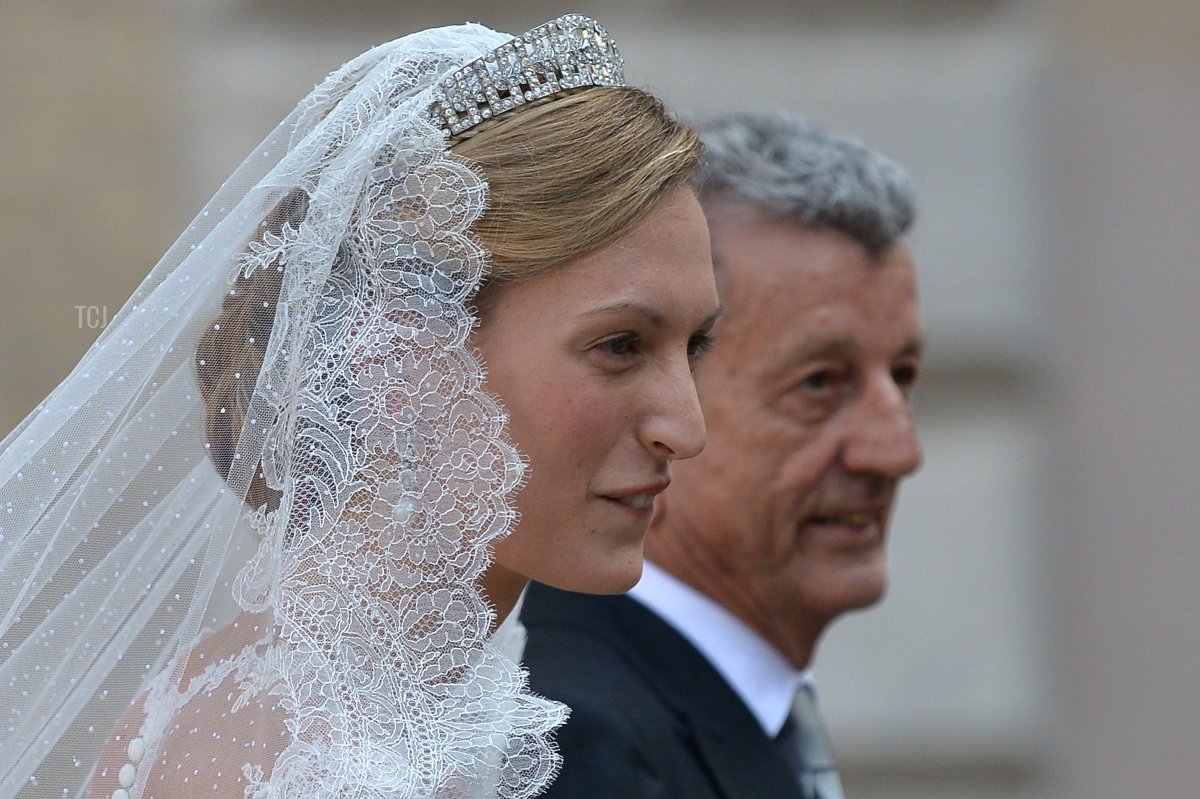 Elisabetta Rosboch von Wolkenstein (also known as Lili Rosboch) arrives with her father Ettore Rosboch von Wolkenstein at the basilica Santa Maria in Trastevere for her wedding with Prince Amedeo of Belgium on July 5, 2014 in Rome