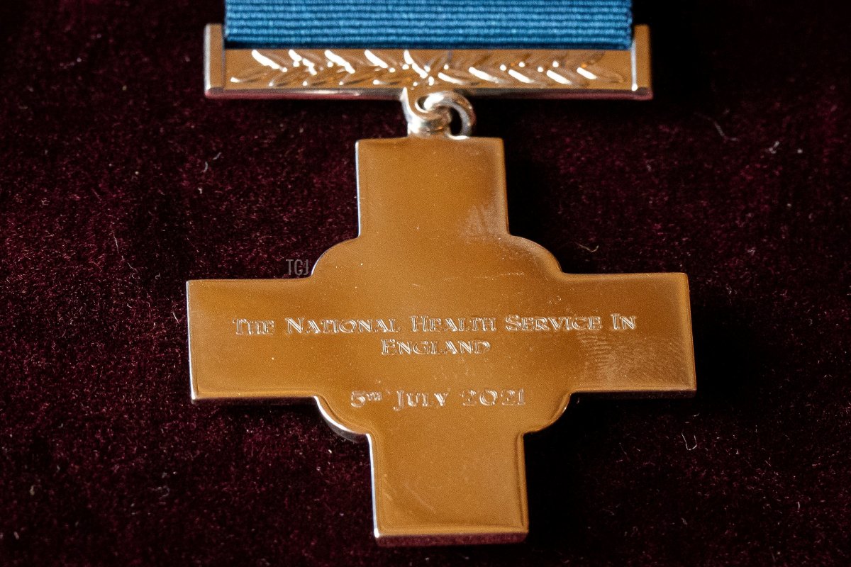 One of the George Cross medals awarded to Britain's National Health Service (NHS), is pictured during an Audience at Windsor Castle, west of London on July 12, 2022