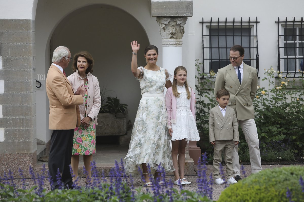 King Carl Gustav of Sweden, Queen Silvia of Sweden, Crown Princess Victoria of Sweden, Princess Estella of Sweden, Prince Oscar of Sweden and Prince Daniel of Sweden seen at the Royal summer palace Solliden on Oland island to celebrate Crown Princess Victoria of Sweden's 45th birthday on July 14, 2022 in Oland, Sweden
