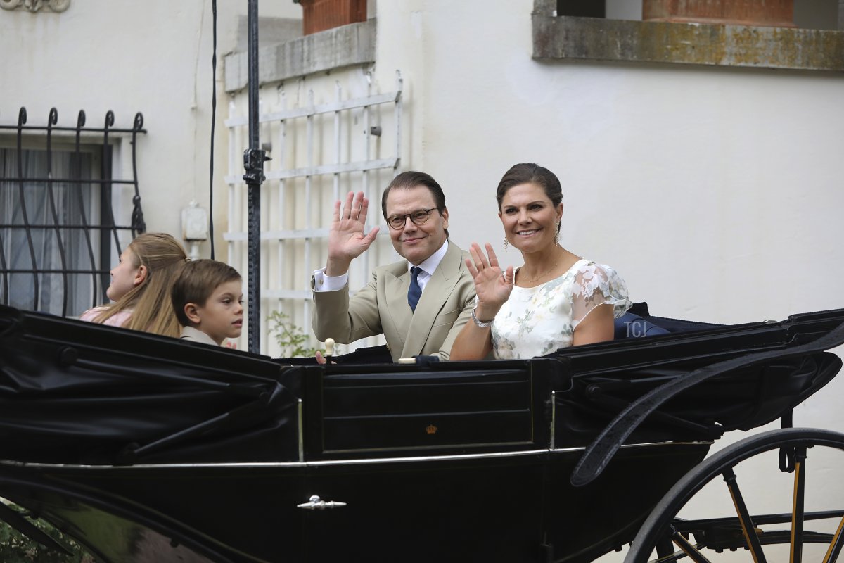 Princess Estelle of Sweden, Prince Oscar of Sweden, Prince Daniel of Sweden and Crown Princess Victoria of Sweden attend Crown Princess Victoria of Sweden's 45th birthday celebration at Borgholm Castle on July 14, 2022 in Oland, Sweden