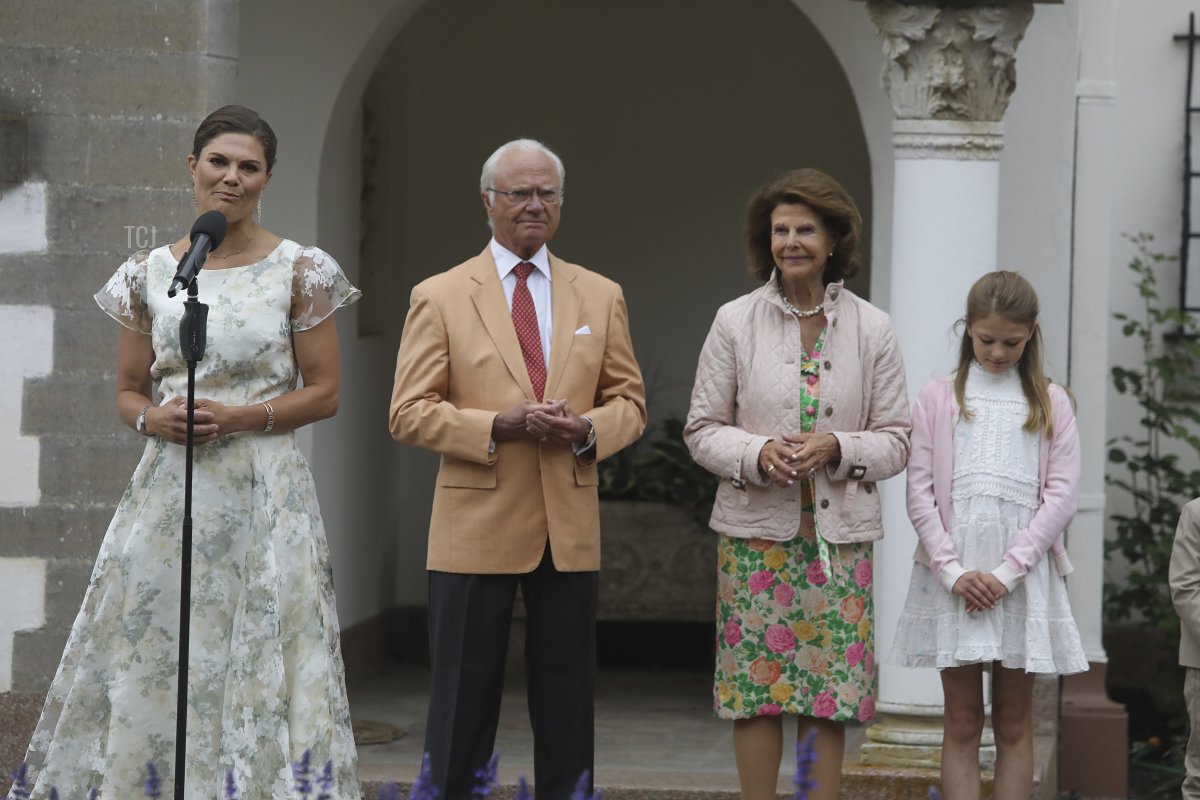 Crown Princess Victoria of Sweden, King Carl Gustav of Sweden, Queen Silvia of Sweden and Princess Estella of Sweden gather in the garden of the Royal summer palace Solliden on Oland island to celebrate Crown Princess Victoria of Sweden's 45th birthday on July 14, 2022 in Oland, Sweden