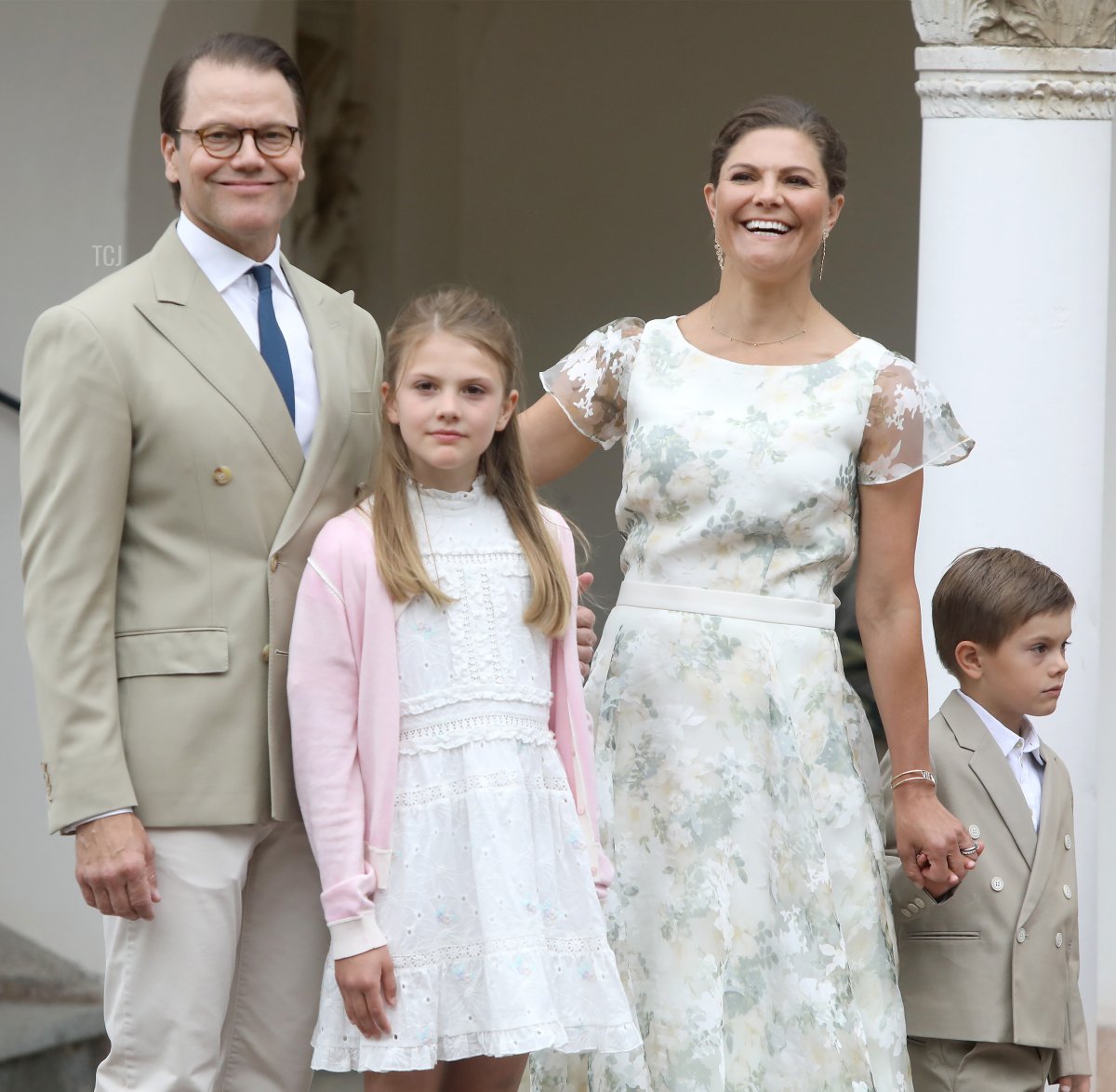Prince Daniel of Sweden, Princess Estelle of Sweden, Crown Princess Victoria of Sweden and Prince Oscar of Sweden pose in the garden of the family summer palace Solliden on Oland island to celebrate Crown Princess Victoria of Sweden's 45th birthday on July 14, 2022 in Oland, Sweden