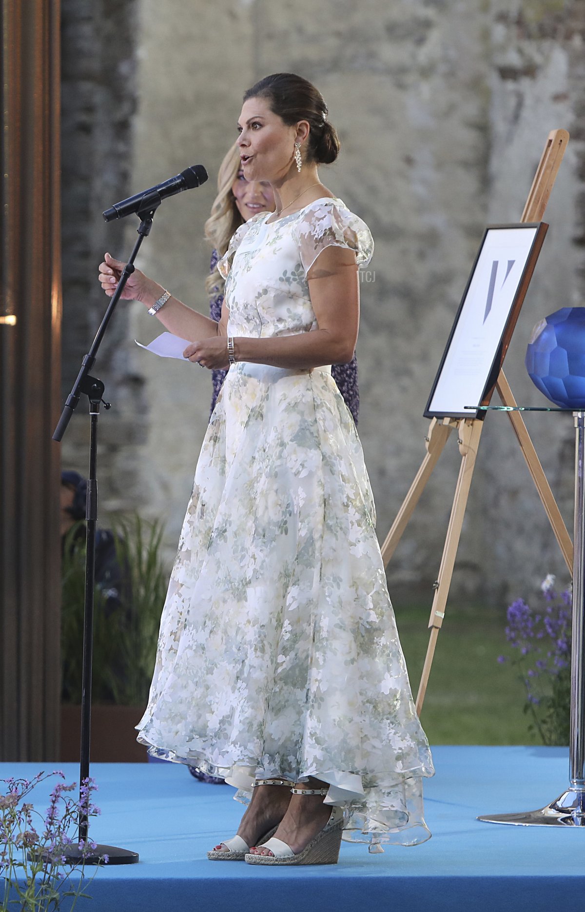 Crown Princess Victoria of Sweden speaks on stage during Crown Princess Victoria of Sweden's 45th birthday celebration at Borgholm Castle on July 14, 2022 in Oland, Sweden