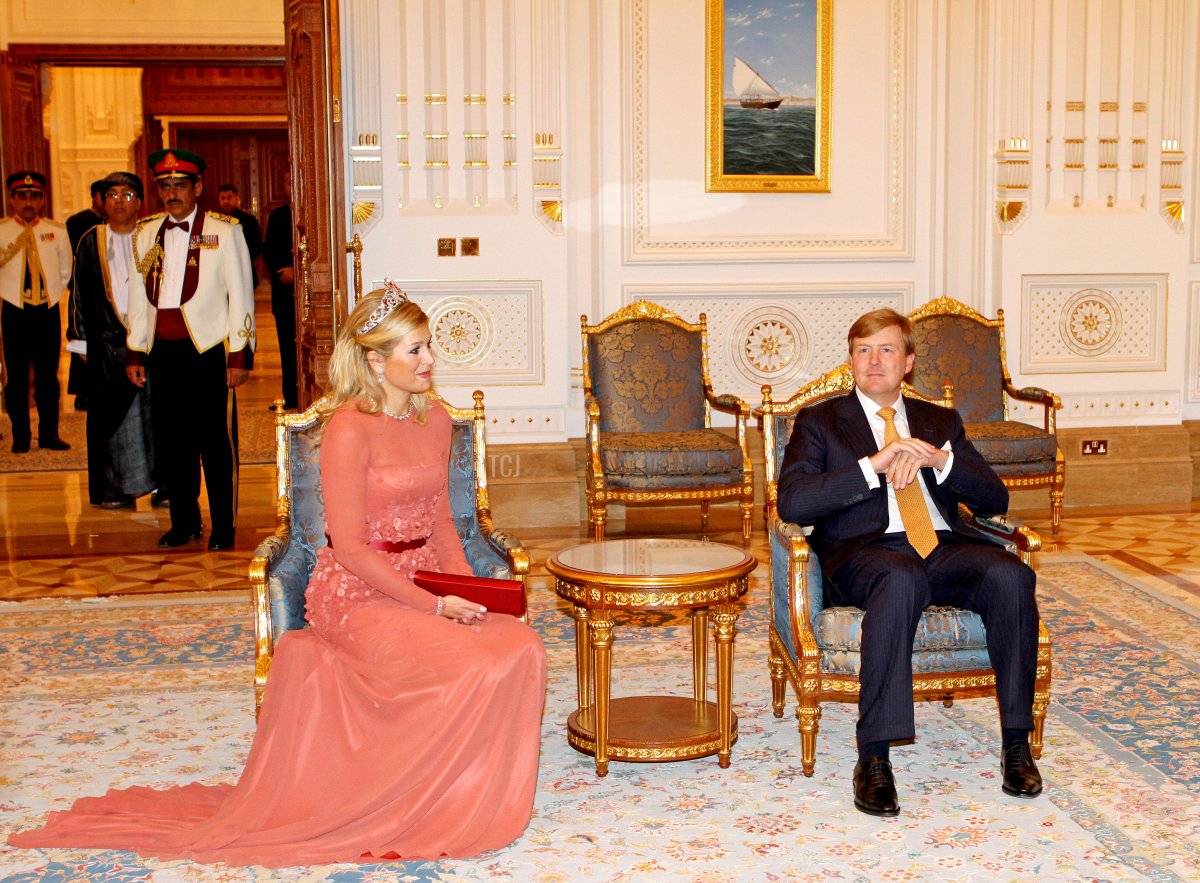 Dutch Crown Prince Willem-Alexander and Princess Maxima attend the state banquet at Al Alam Palace in Muscat, Oman, on 10 January 2012