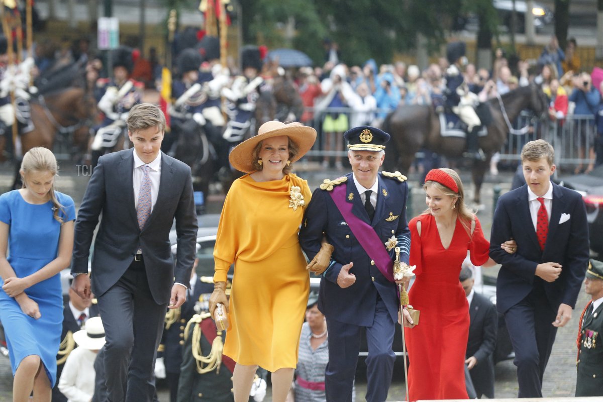 The Belgium's royal family, Prince Gabriel, Queen Mathilde of Belgium, King Philippe - Filip of Belgium, Crown Princess Elisabeth and Prince Emmanuel arrive for the Te Deum mass, on the occasion of the Belgian National Day, at the Saint Michael and Saint Gudula Cathedral (Cathedrale des Saints Michel et Gudule / Sint-Michiels- en Sint-Goedele kathedraal) in Brussels, on July 21, 2022