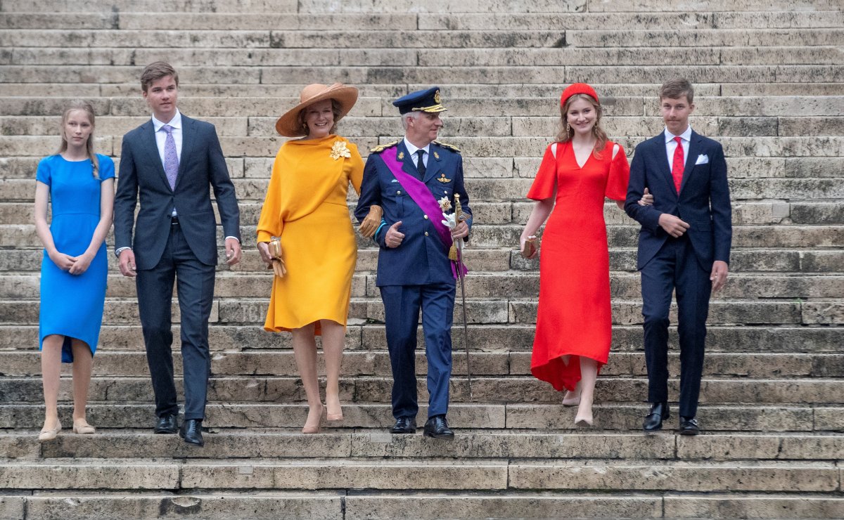 The Belgium's royal family, Prince Gabriel, Queen Mathilde of Belgium, King Philippe - Filip of Belgium, Crown Princess Elisabeth and Prince Emmanuel arrive for the Te Deum mass, on the occasion of the Belgian National Day, at the Saint Michael and Saint Gudula Cathedral (Cathedrale des Saints Michel et Gudule / Sint-Michiels- en Sint-Goedele kathedraal) in Brussels, on July 21, 2022
