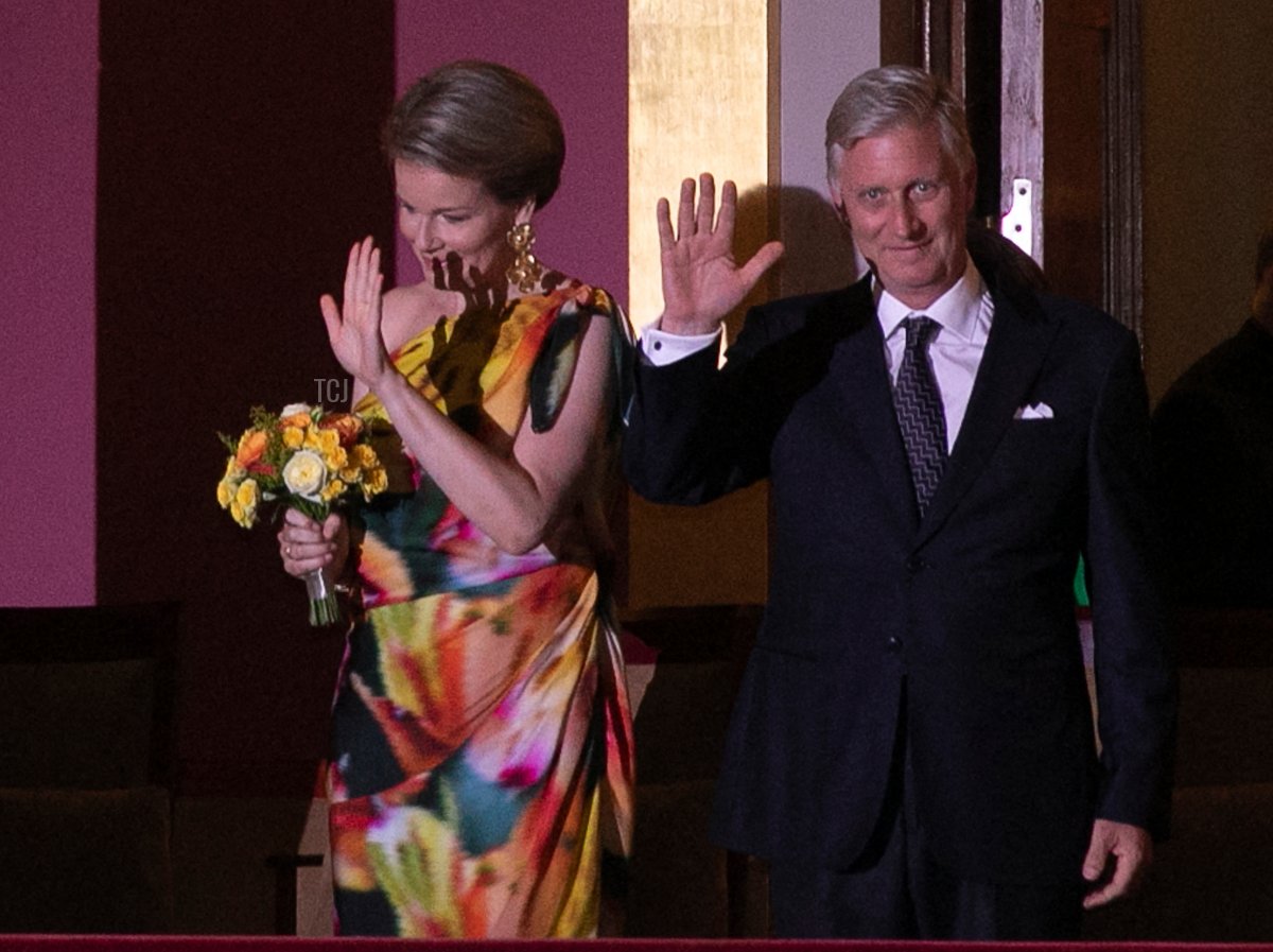 Queen Mathilde of Belgium and King Philippe of Belgium wave before a concert on the eve of Belgium's National Day, at Bozar in Brussels on July 20, 2022