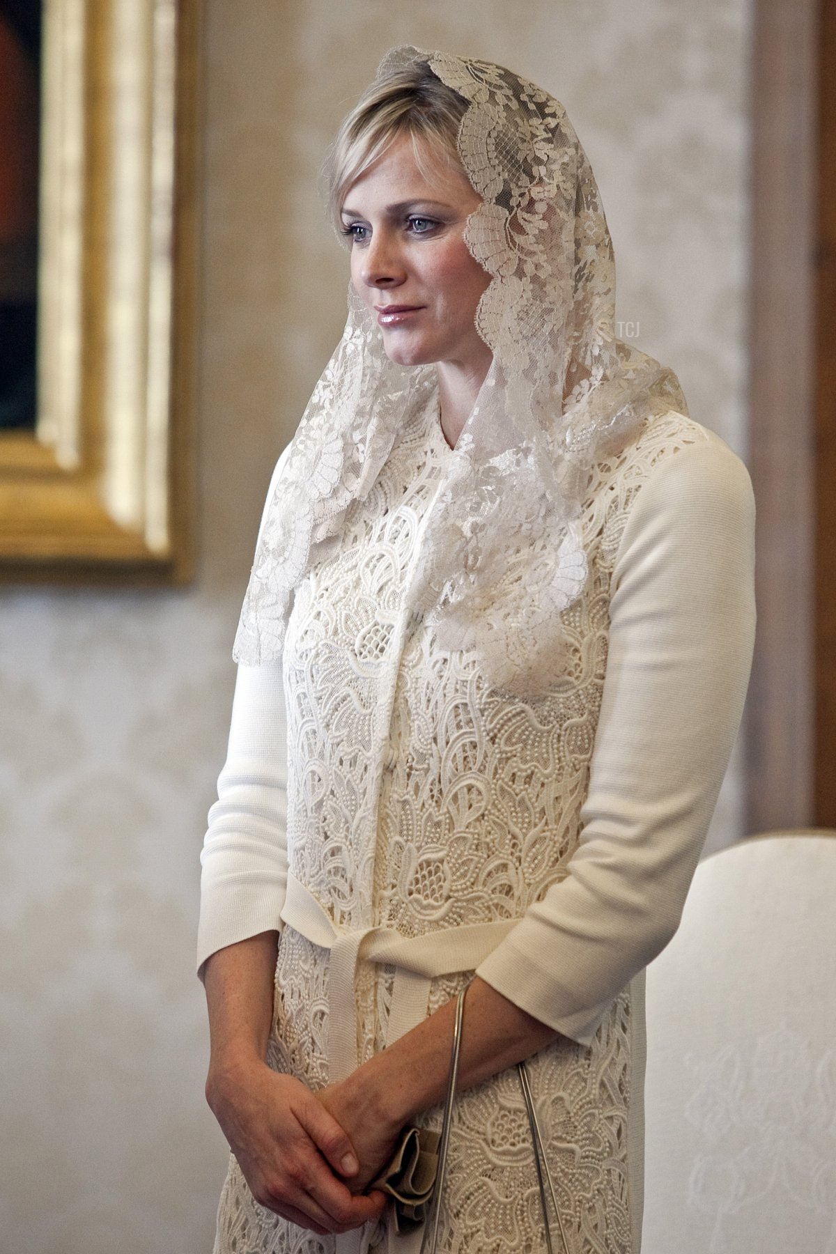 HSH Princess Charlene of Monaco meets Pope Benedict XVI during a private audience at Vatican on January 12, 2013 in Vatican City, Vatican
