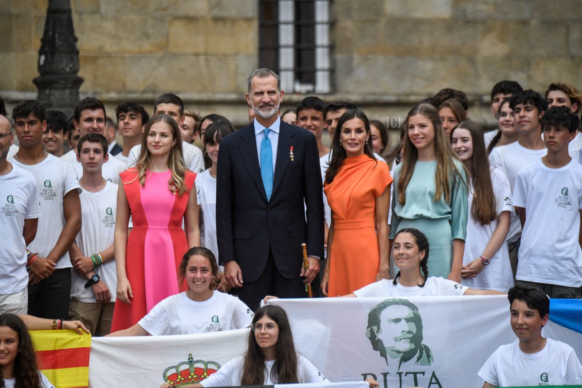 Spanish Crown Princess of Asturias Leonor, Spain's King Felipe VI, Spain's Queen Letizia and Spanish Princess Sofia pose for a group picture on Obradoiro Square after attending the "National Offering to the Apostle Santiago" at the Cathedral of Santiago de Compostela, on July 25, 2022