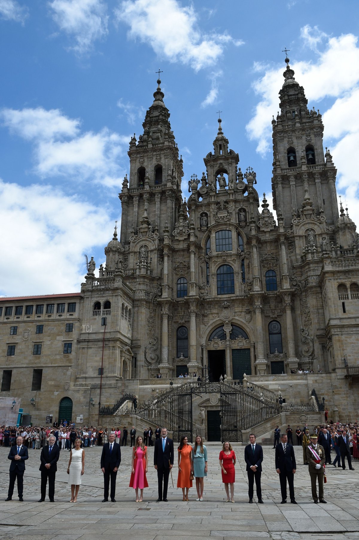 Spanish Crown Princess of Asturias Leonor, Spain's King Felipe VI, Spain's Queen Letizia and Spanish Princess Sofia pose for a group picture on Obradoiro Square after attending the "National Offering to the Apostle Santiago" at the Cathedral of Santiago de Compostela, on July 25, 2022