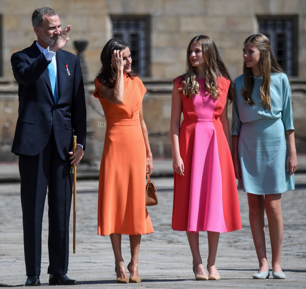 Spain's King Felipe VI, Spain's Queen Letizia, Spanish Crown Princess of Asturias Leonor and Spanish Princess Sofia arrive on Obradoiro Square to attend the "National Offering to the Apostle Santiago" at the Cathedral of Santiago de Compostela, on July 25, 2022