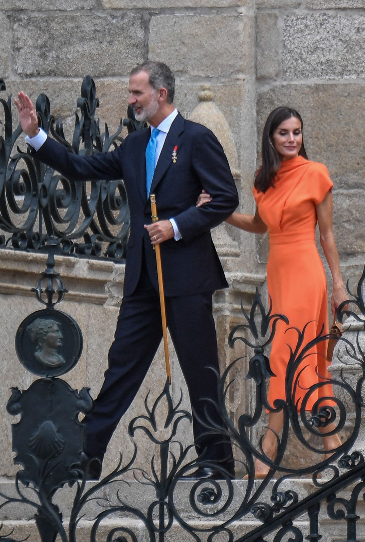 Spain's King Felipe VI and Spain's Queen Letizia arrive on Obradoiro Square after attending the "National Offering to the Apostle Santiago" at the Cathedral of Santiago de Compostela, on July 25, 2022