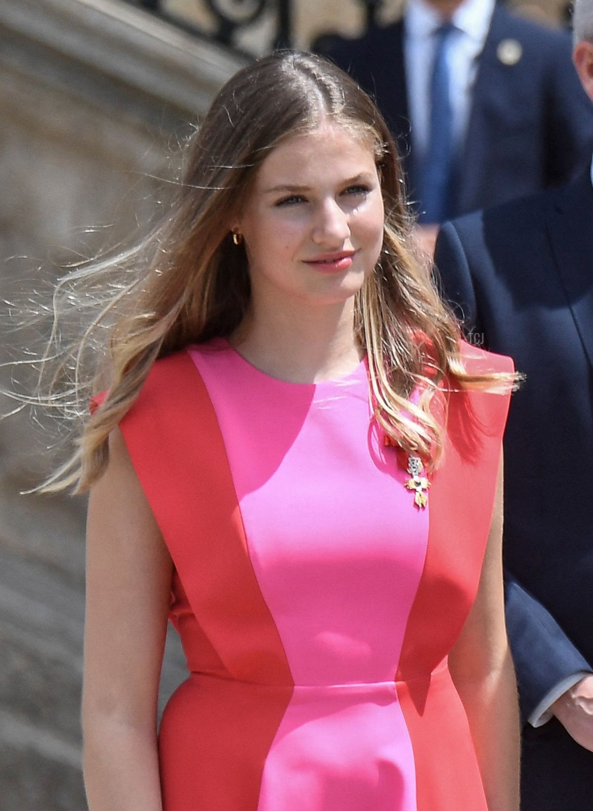 Spanish Crown Princess of Asturias Leonor (L) and Spanish Princess Sofia leave after attending the "National Offering to the Apostle Santiago" at the Cathedral of Santiago de Compostela, on July 25, 2022