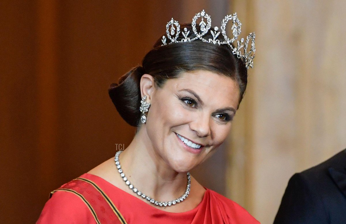 Sweden's Crown Princess Victoria and Prince Daniel greet guests upon arriving for a State Banquet at the Royal Palace in Stockholm, Sweden, on Sept. 07 2021