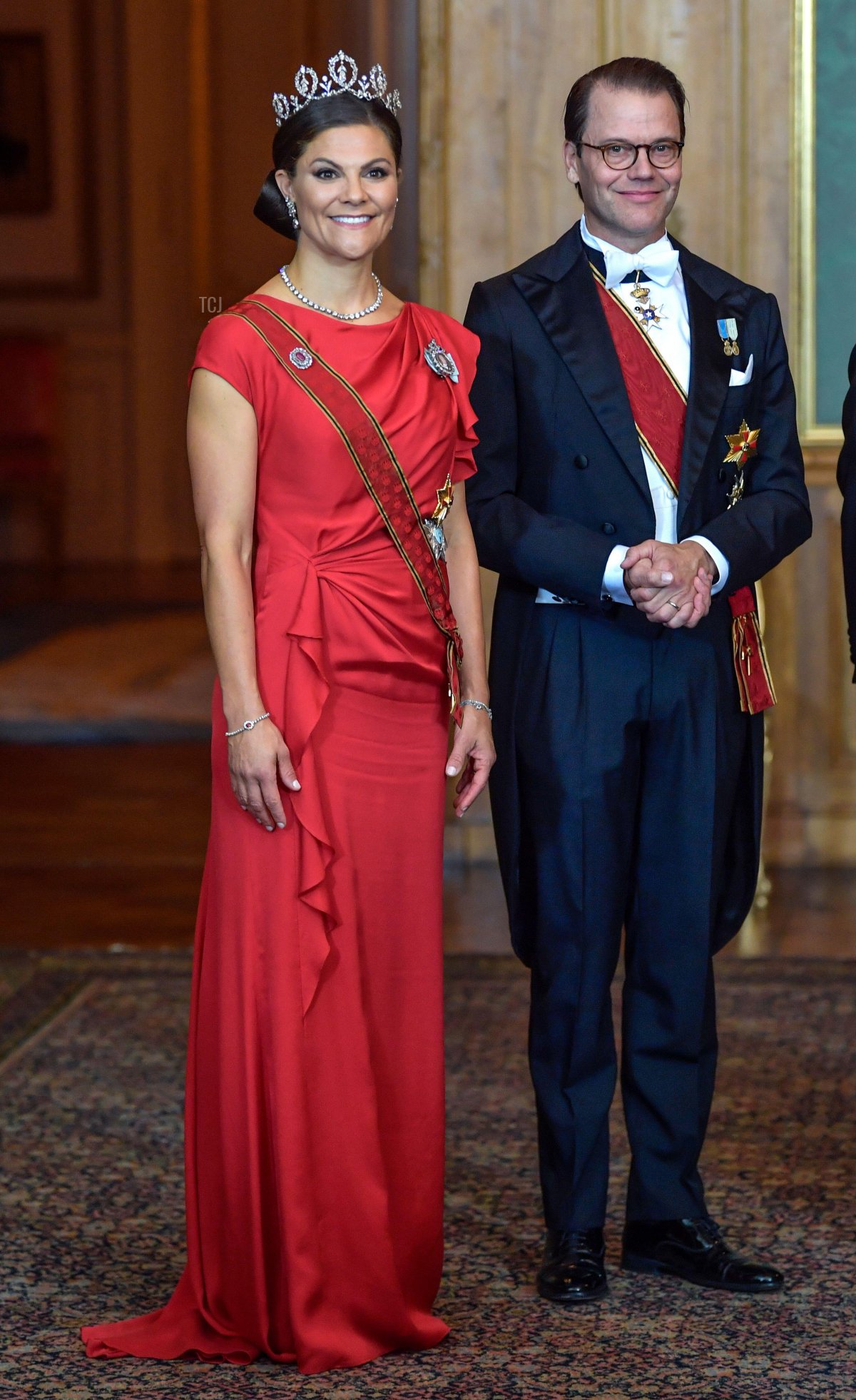 Sweden's Crown Princess Victoria and Prince Daniel greet guests upon arriving for a State Banquet at the Royal Palace in Stockholm, Sweden, on Sept. 07 2021