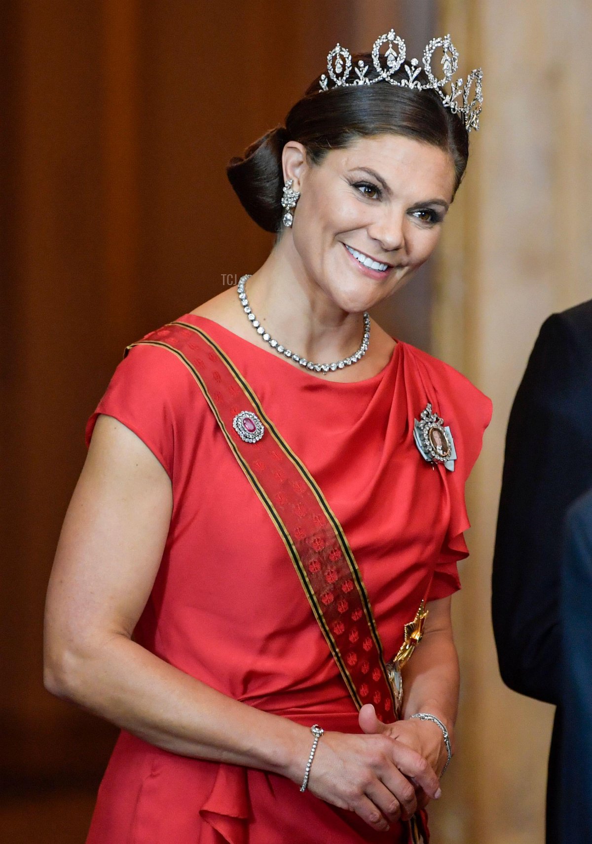Sweden's Crown Princess Victoria and Prince Daniel greet guests upon arriving for a State Banquet at the Royal Palace in Stockholm, Sweden, on Sept. 07 2021