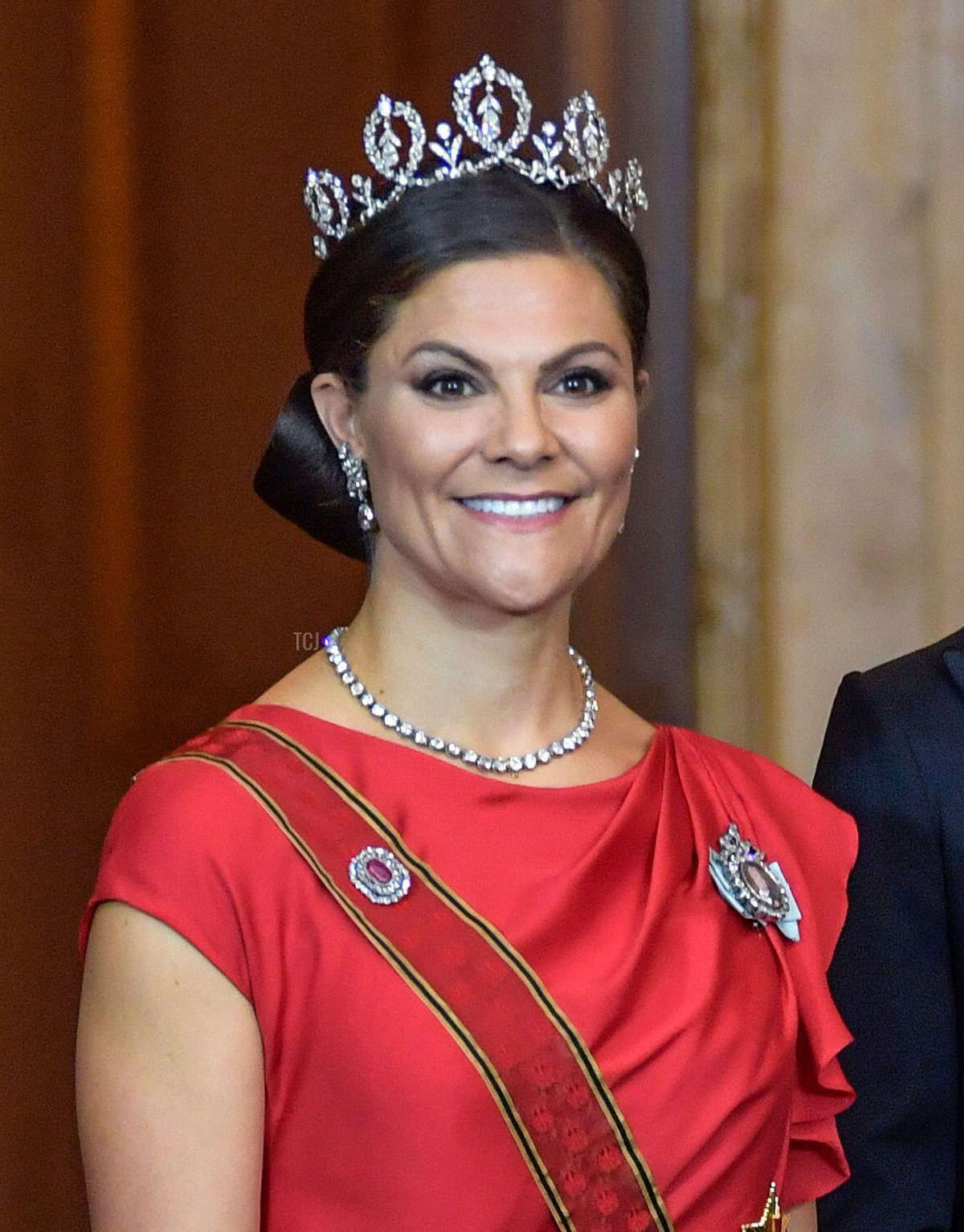 Sweden's Crown Princess Victoria and Prince Daniel greet guests upon arriving for a State Banquet at the Royal Palace in Stockholm, Sweden, on Sept. 07 2021