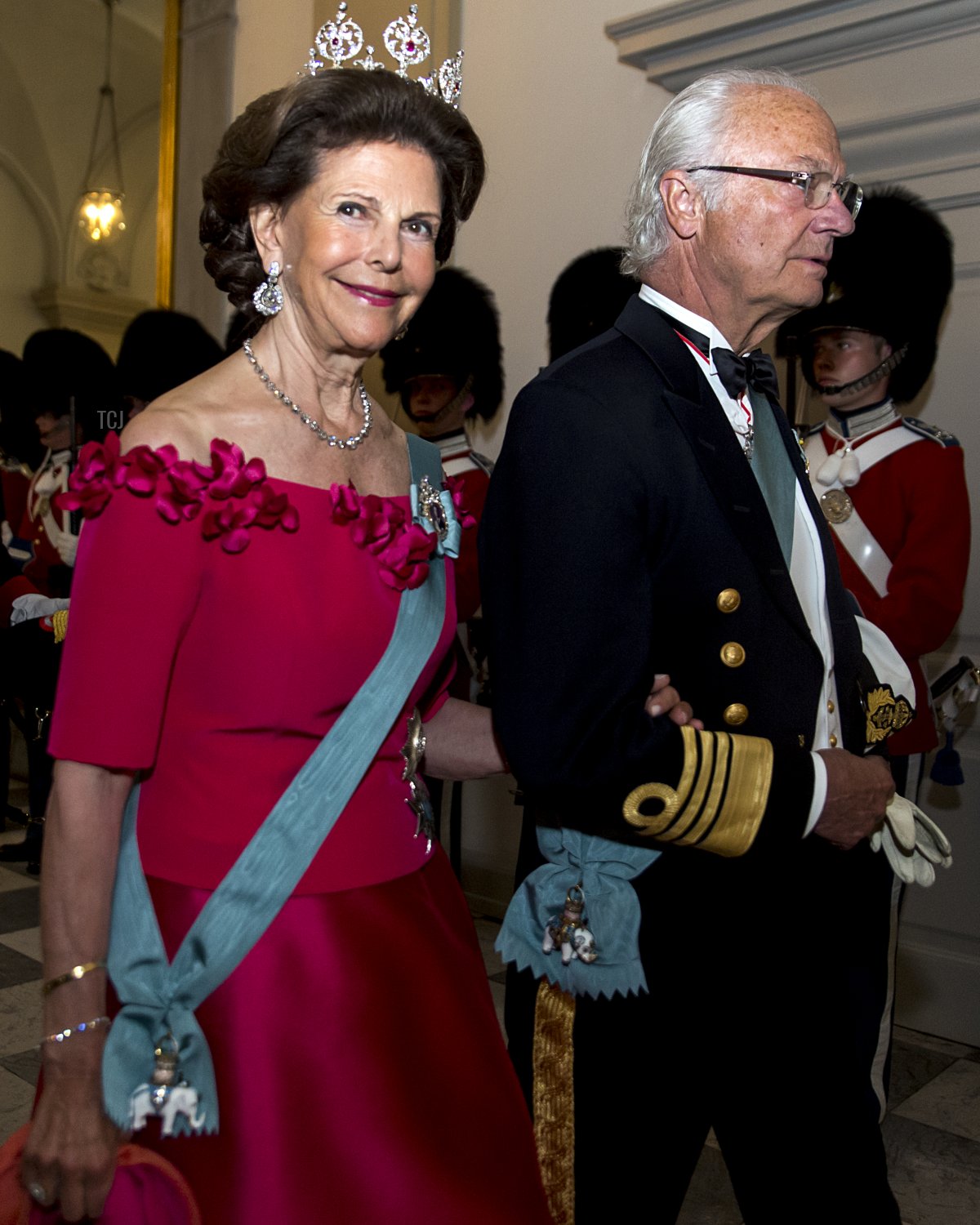 King Carl Gustaf of Sweden and wife Queen Silvia arrive to the gala banquet on the occasion of The Crown Prince's 50th birthday at Christiansborg Palace on May 26, 2018 in Copenhagen, Denmark
