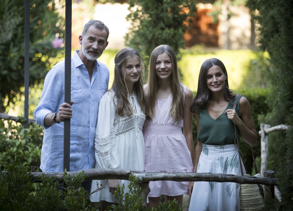 Spain's King Felipe VI, Spanish Crown Princess of Asturias Leonor, Spanish Princess Sofia and Spain's Queen Letizia pose during the visit of the Cartoixa of Valldemossa on the island of Mallorca during their summer holidays in the Balearic islands on August 1, 2022