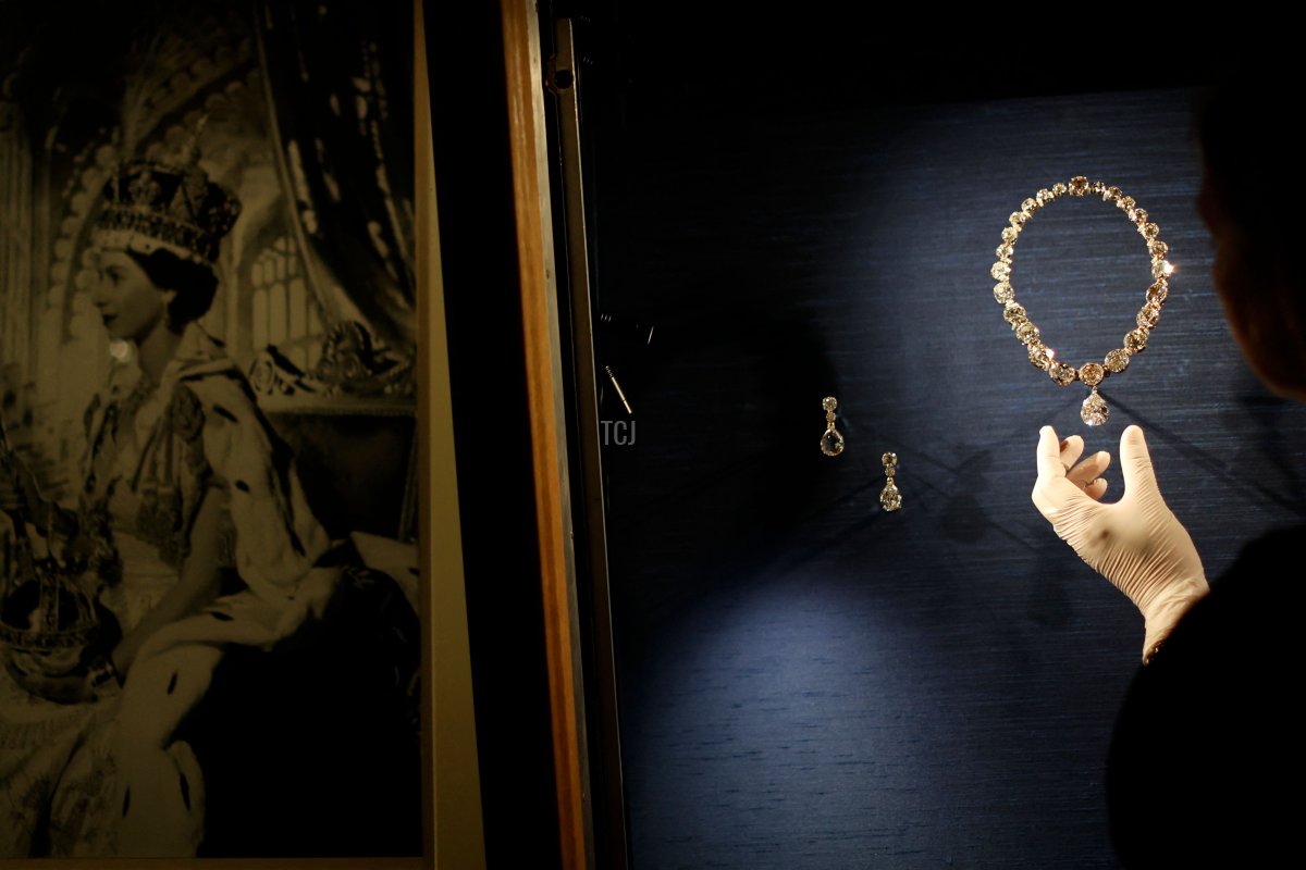Continuing the Platinum Jubilee celebrations in this historic year, her Majesty's The Queens Coronation Necklace and Earrings are on display in the Lantern Lobby as part of a special display at Windsor Castle exploring the Coronation of Queen Elizabeth II in 1953, at Windsor Castle on July 6, 2022 in Windsor, England