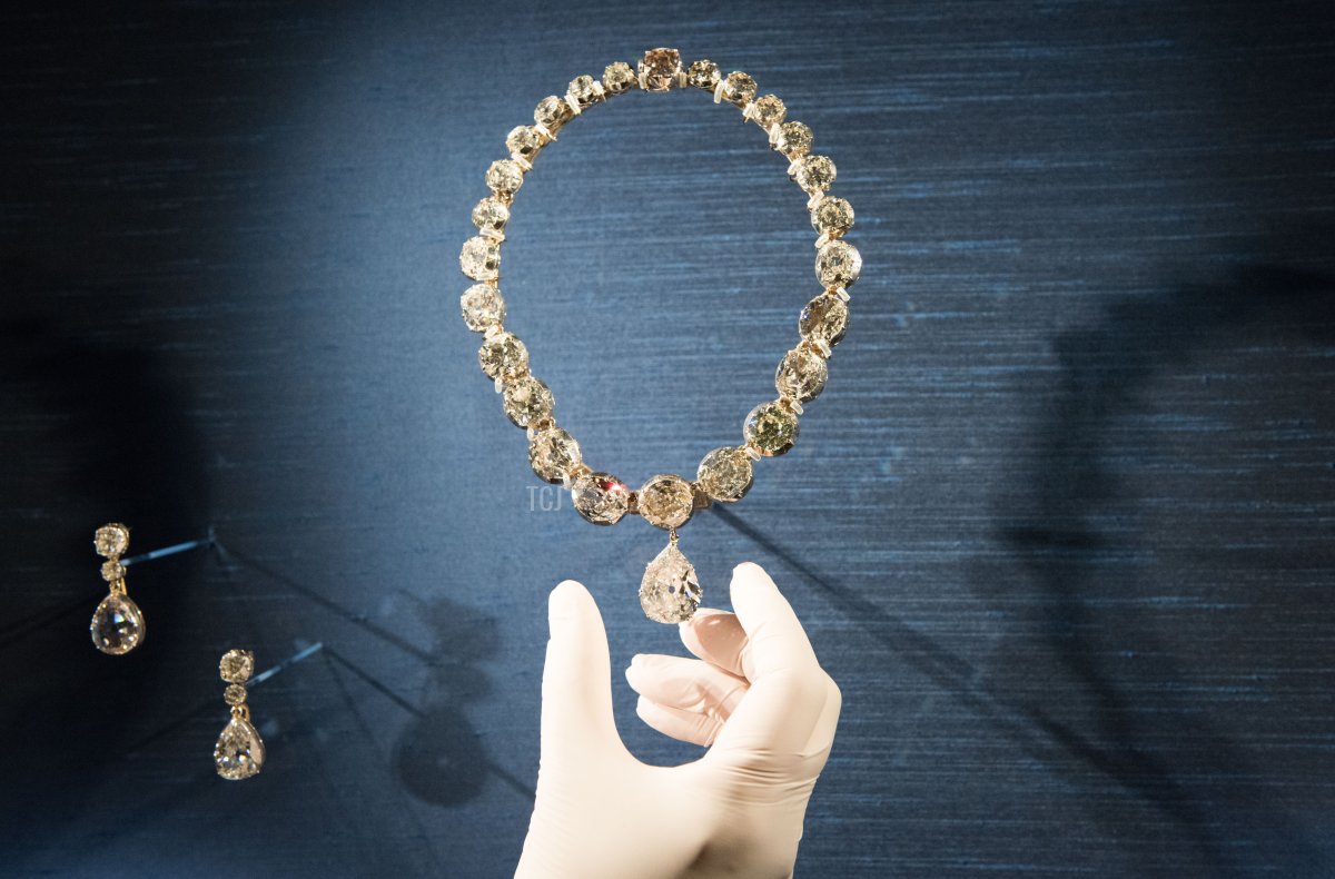 Continuing the Platinum Jubilee celebrations in this historic year, her Majesty's The Queens Coronation Necklace and Earrings are on display in the Lantern Lobby as part of a special display at Windsor Castle exploring the Coronation of Queen Elizabeth II in 1953, at Windsor Castle on July 6, 2022 in Windsor, England