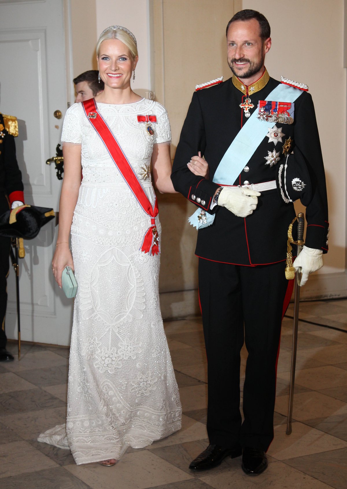 Crown Princess Mette-Marit of Norway and Crown Prince Haakon of Norway attend a Gala Dinner to celebrate Queen Margrethe II of Denmark's 40 years on the throne at Christiansborg Palace Chapel on January 15, 2012 in Copenhagen, Denmark