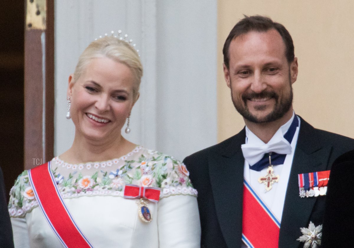 Crown Princess Mette Marit and Crown Prince Haakon of Norway greet wellwishers from the balcony of the Royal Palace in Oslo, Norway on May 9, 2017 to mark the 80th Birthday of the King and Queen