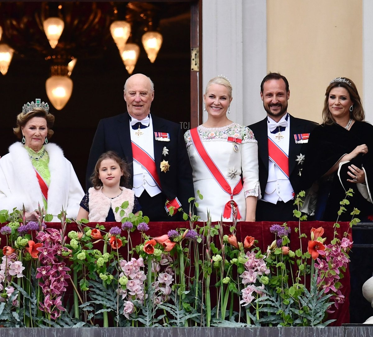 Queen Sonja, Emma Tallulah Behn, King Harald, Crown Princess Mette-Marit, Crown Prince Haakon and Martha greet wellwishers from the balcony of the Royal Palace in Oslo, Norway on May 9, 2017 to mark the 80th Birthday of the King and Queen