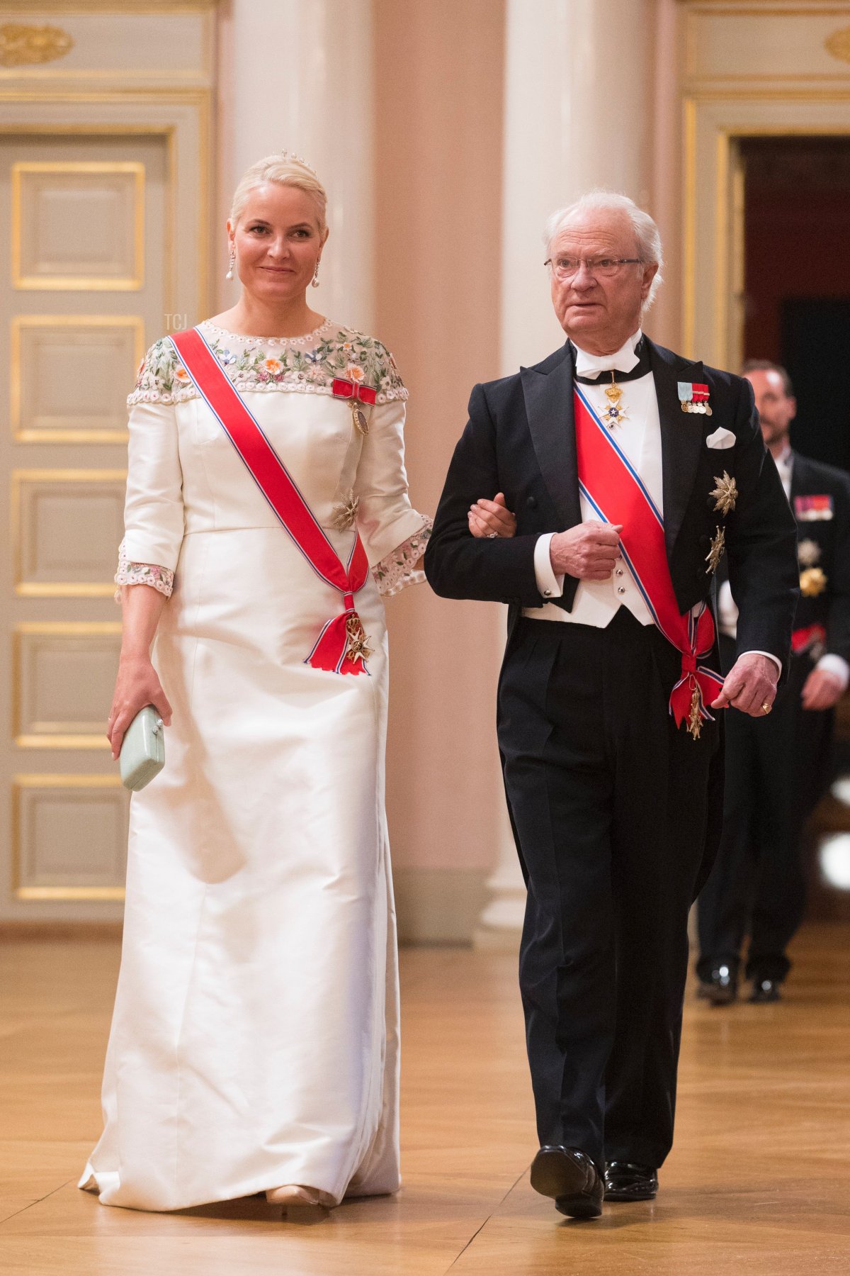 King Carl Gustaf of Sweden and Crowm Princess Mette-Marit of Norway arrive for a gala dinner at the Royal Palace in Oslo, Norway on May 9, 2017 to mark the 80th Birthday of the King and Queen