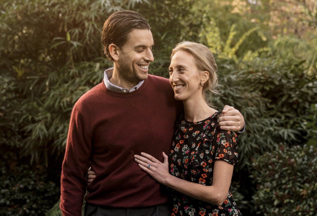 Princess Maria-Laura of Belgium and her husband-to-be William Isvy posing for the photographer after announcing their wedding
