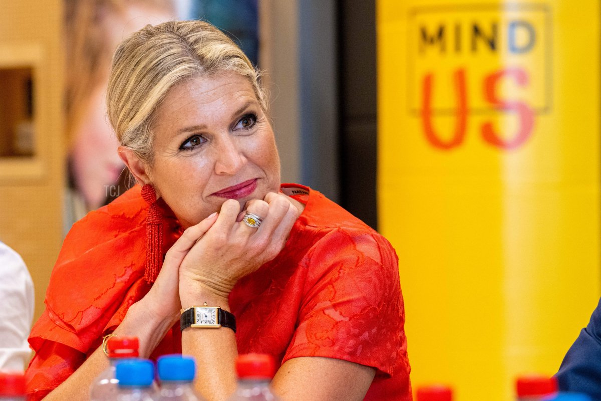 Queen Maxima of Netherlands attends a meeting as she visits the Welcome Week and Introductory Programme activity market for new students in Delft, on August 24, 2022