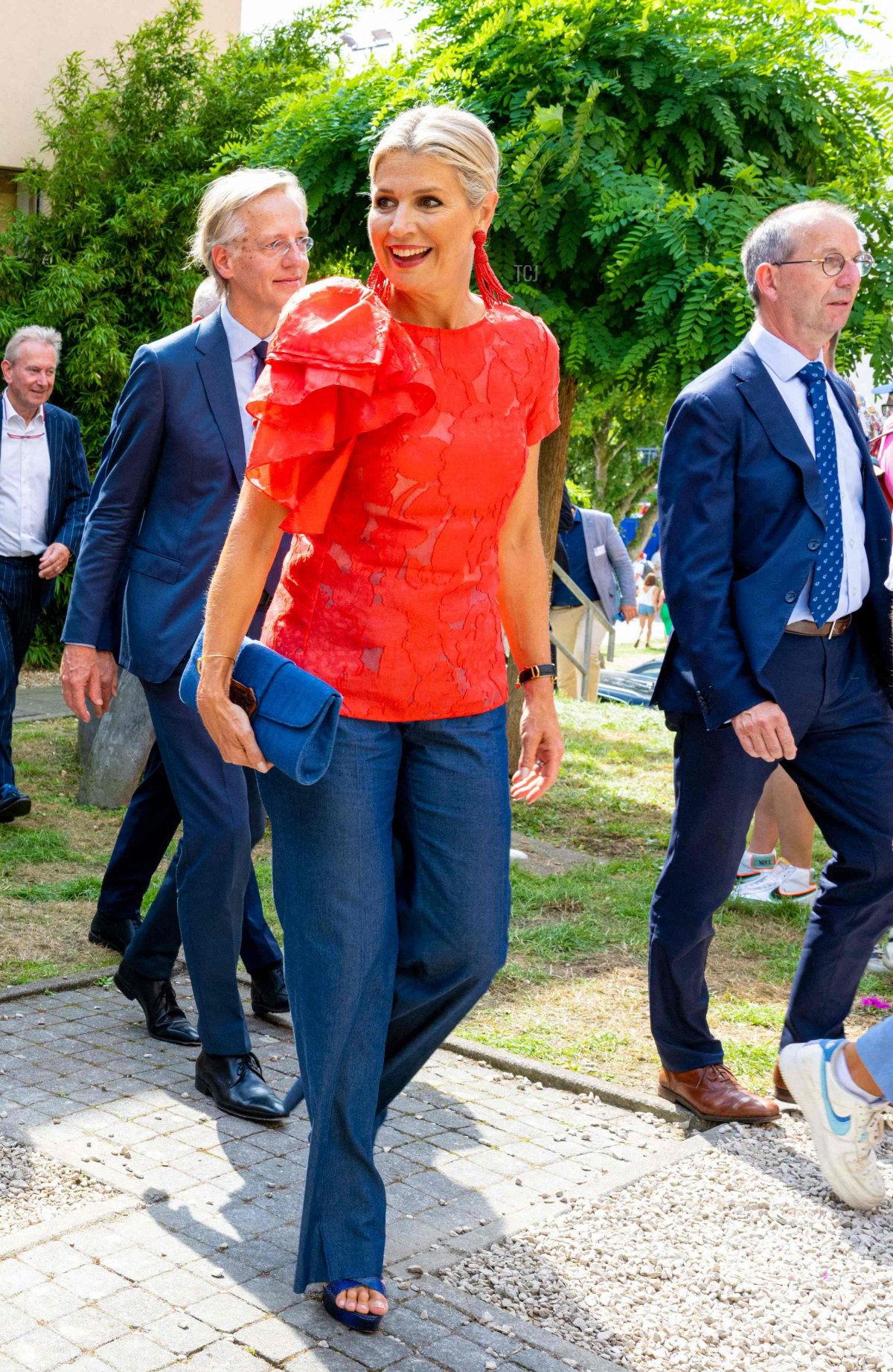 Queen Maxima of Netherlands (2ndR) and Dutch Minister of Education, Culture and Science Robbert Dijkgraaf (3rdR) visit the Welcome Week and Introductory Programme activity market for new students in Delft, on August 24, 2022