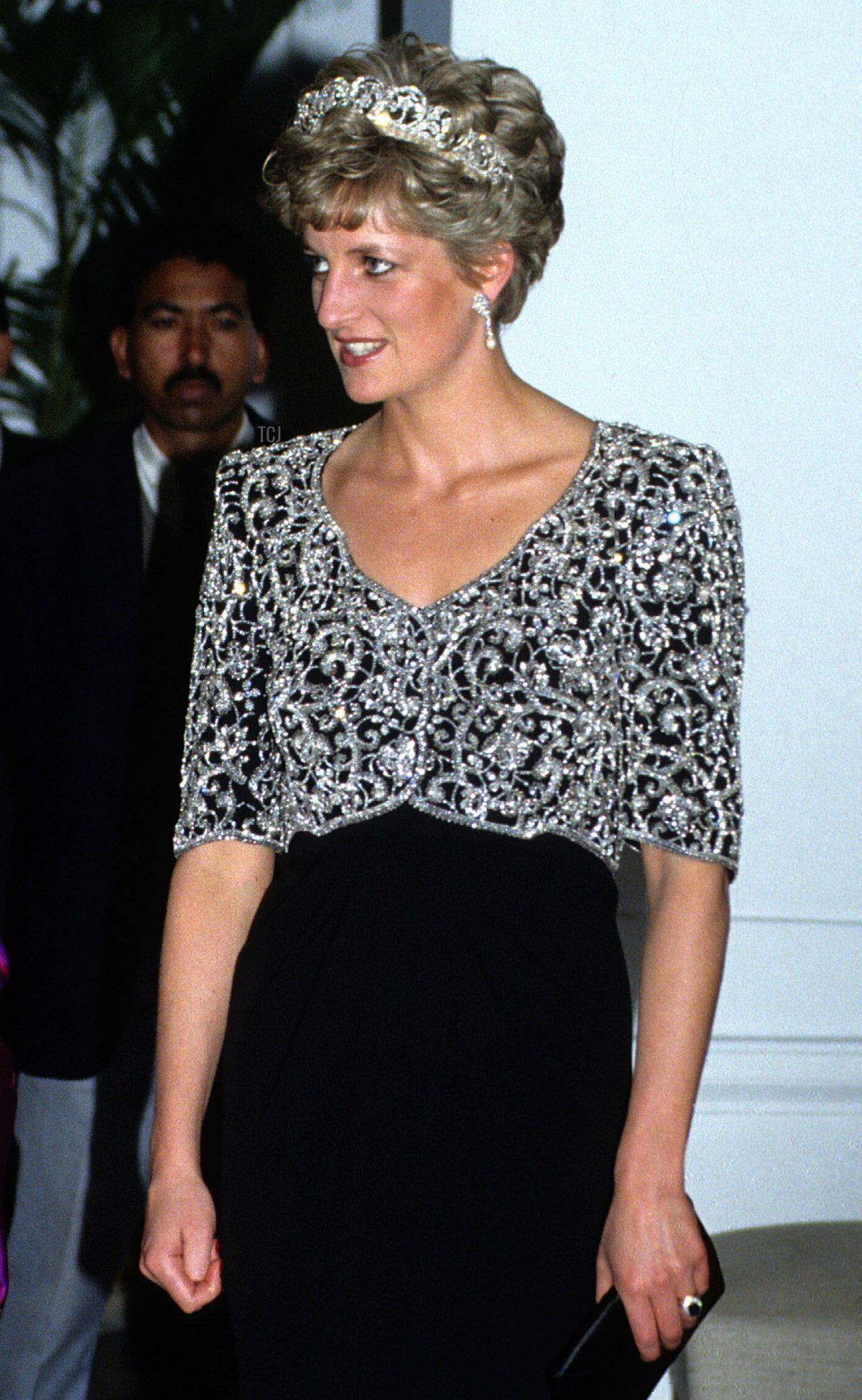 Princess Diana, Princess of Wales, wearing a Catherine Walker gown and the Spencer family tiara, attends a banquet in her honour in Delhi, India on February 12,1992