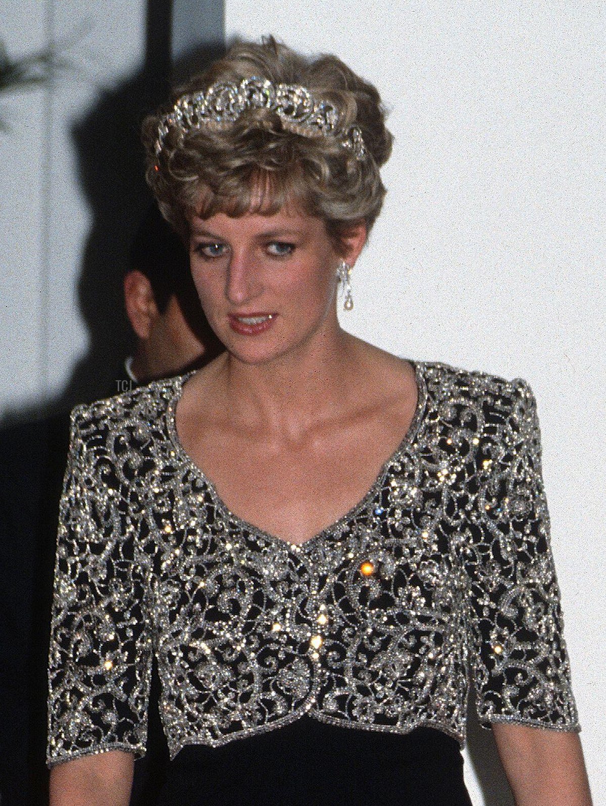 Princess Diana, Princess of Wales, wearing a Catherine Walker gown and the Spencer family tiara, attends a banquet in her honour in Delhi, India on February 12,1992