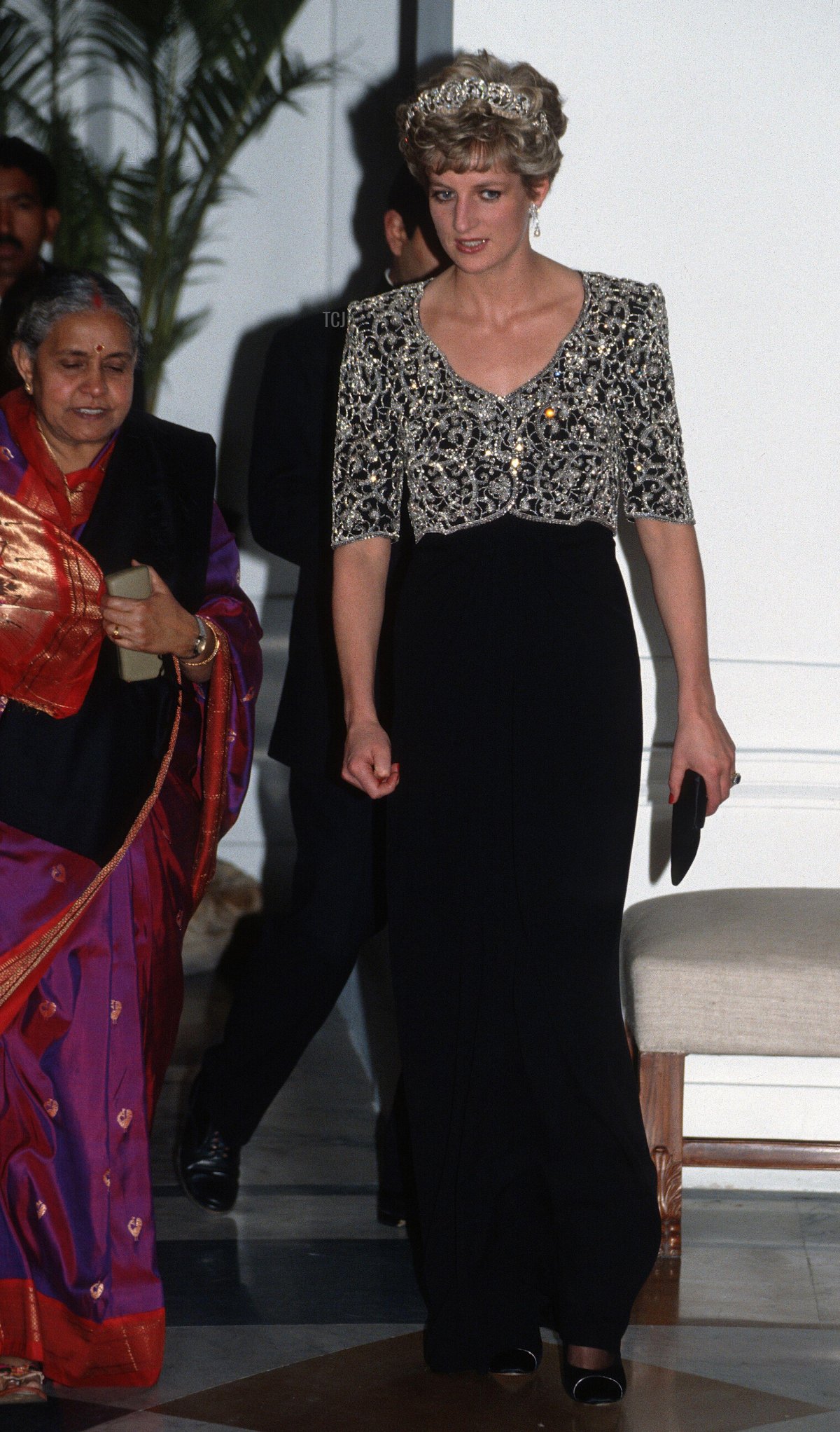 Princess Diana, Princess of Wales, wearing a Catherine Walker gown and the Spencer family tiara, attends a banquet in her honour in Delhi, India on February 12,1992