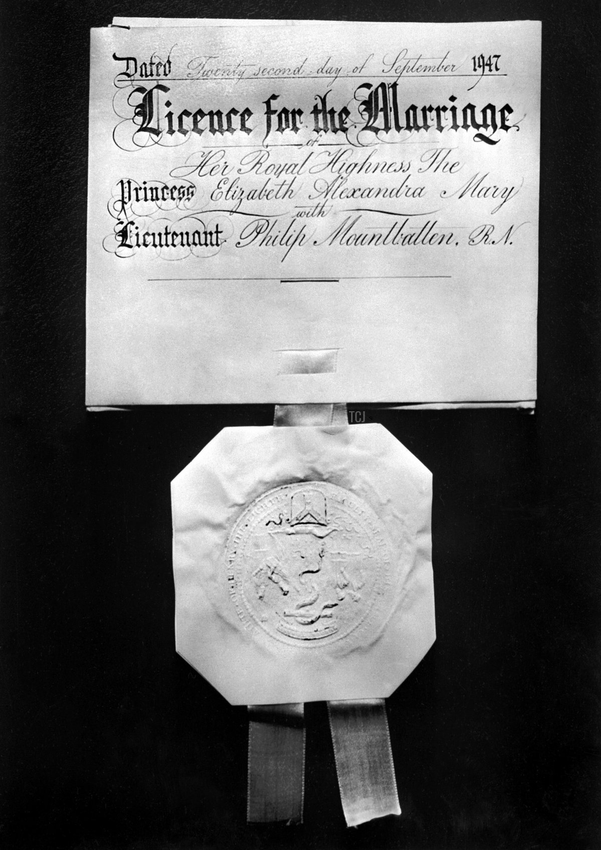 Picture of the Licence for the marriage of the Princess Elizabeth of Great Britain and Lieutenant Philip Mountbatten, taken 25 September 1947