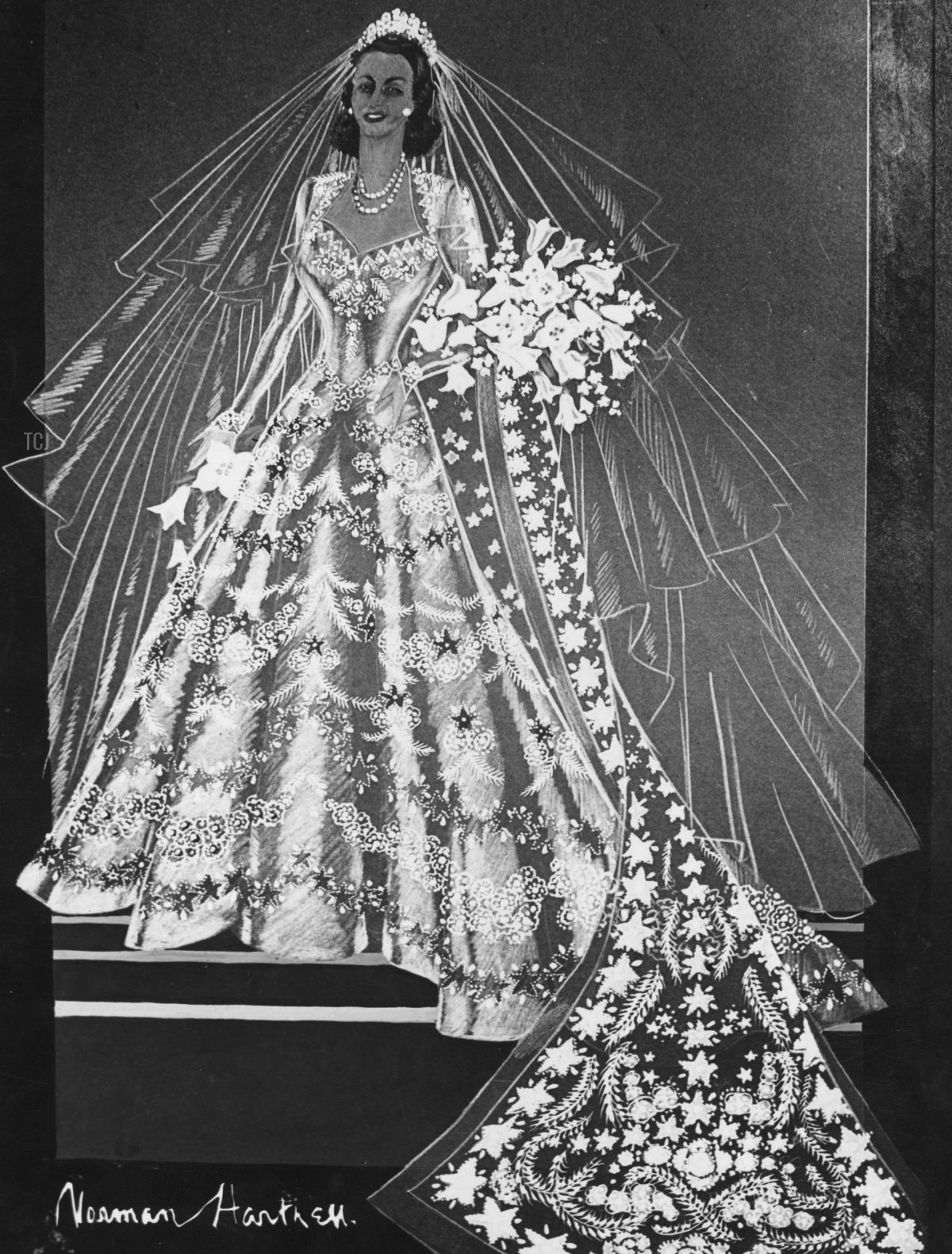 A sketch of Princess Elizabeth's wedding dress by Norman Hartnell
