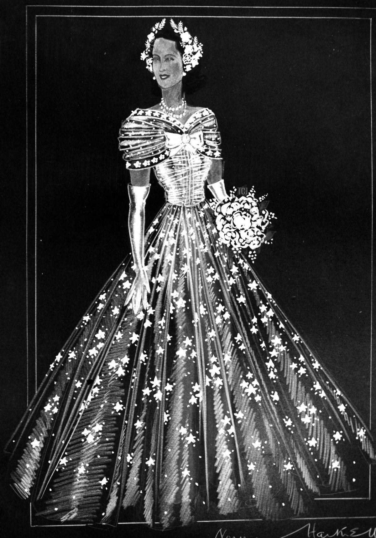 A Norman Hartnell sketch of one of the dresses to be worn by the bridesmaids at the wedding of Princess Elizabeth