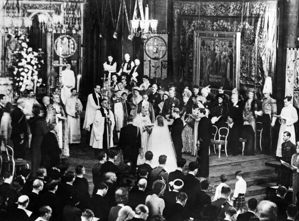 The Princess Elizabeth of England and Philip The Duke of Edinburgh during their wedding ceremony, 20 November 1947 in Westminster Abbey