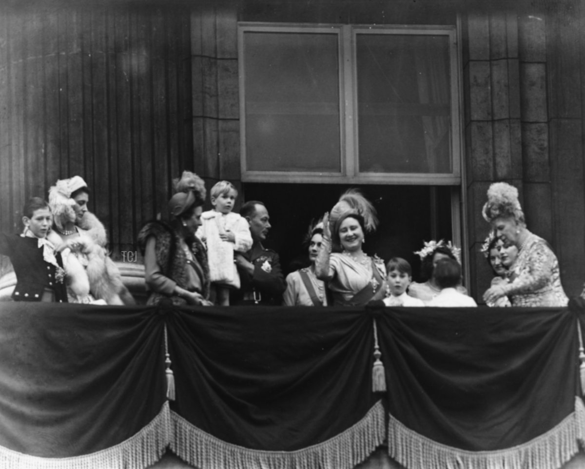 Members of the Royal Family on the balcony following the wedding of Princess Elizabeth and Philip Mountbatten; (L-R) Duke of Kent, Duchess of Kent, Princess Andrew of Greece, Duke of Gloucester holding Prince Richard, Duchess of Gloucester, Queen Elizabeth, Prince William of Gloucester, Prince Michael of Kent, Princess Elizabeth and Queen Mary, at Buckingham Palace, London, November 20th 1947