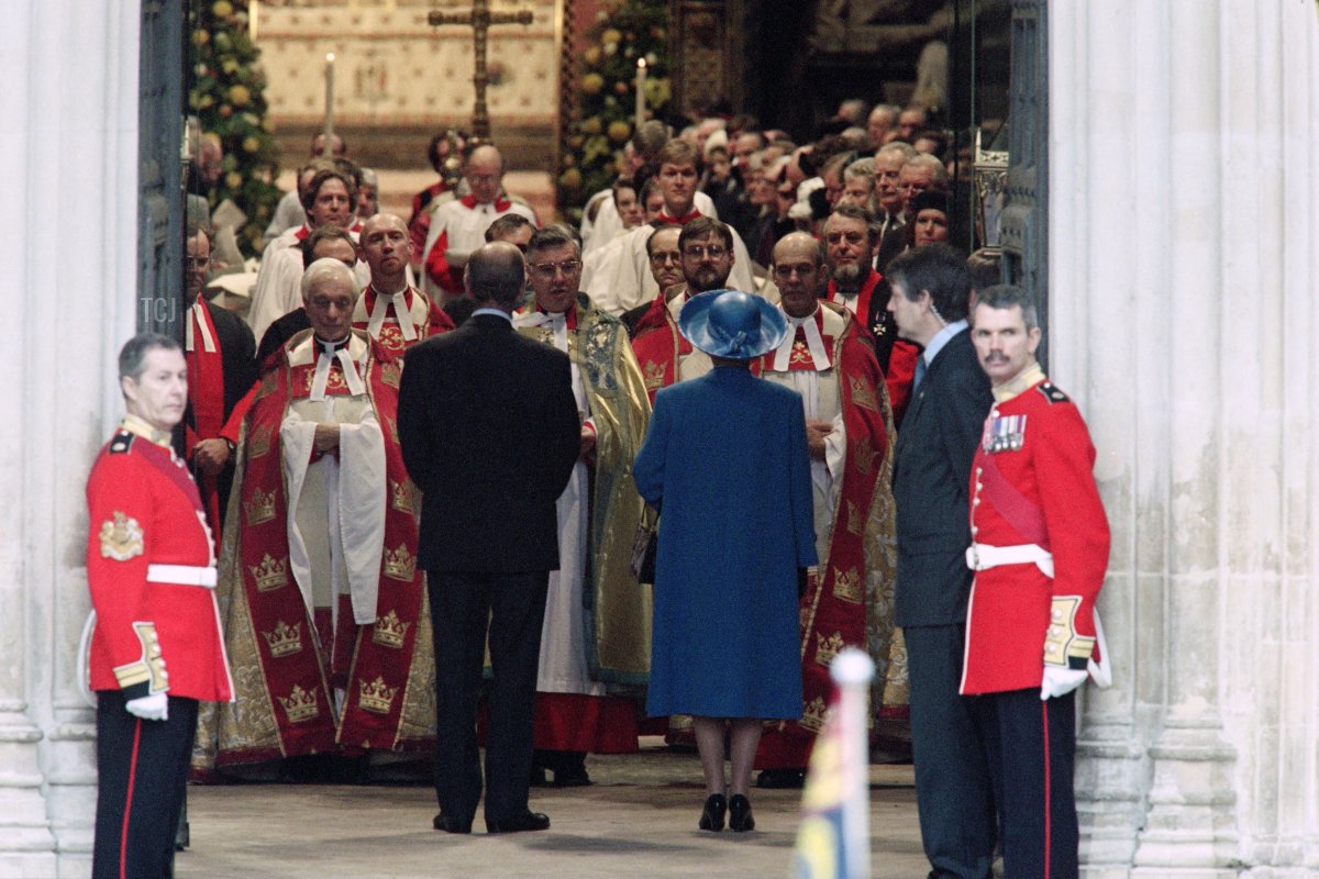 Queen Elizabeth II and Prince Philip arrive at Westminster Abbey in London for a special service to celebrate their 50th Wedding Anniversary on November 20, 1997